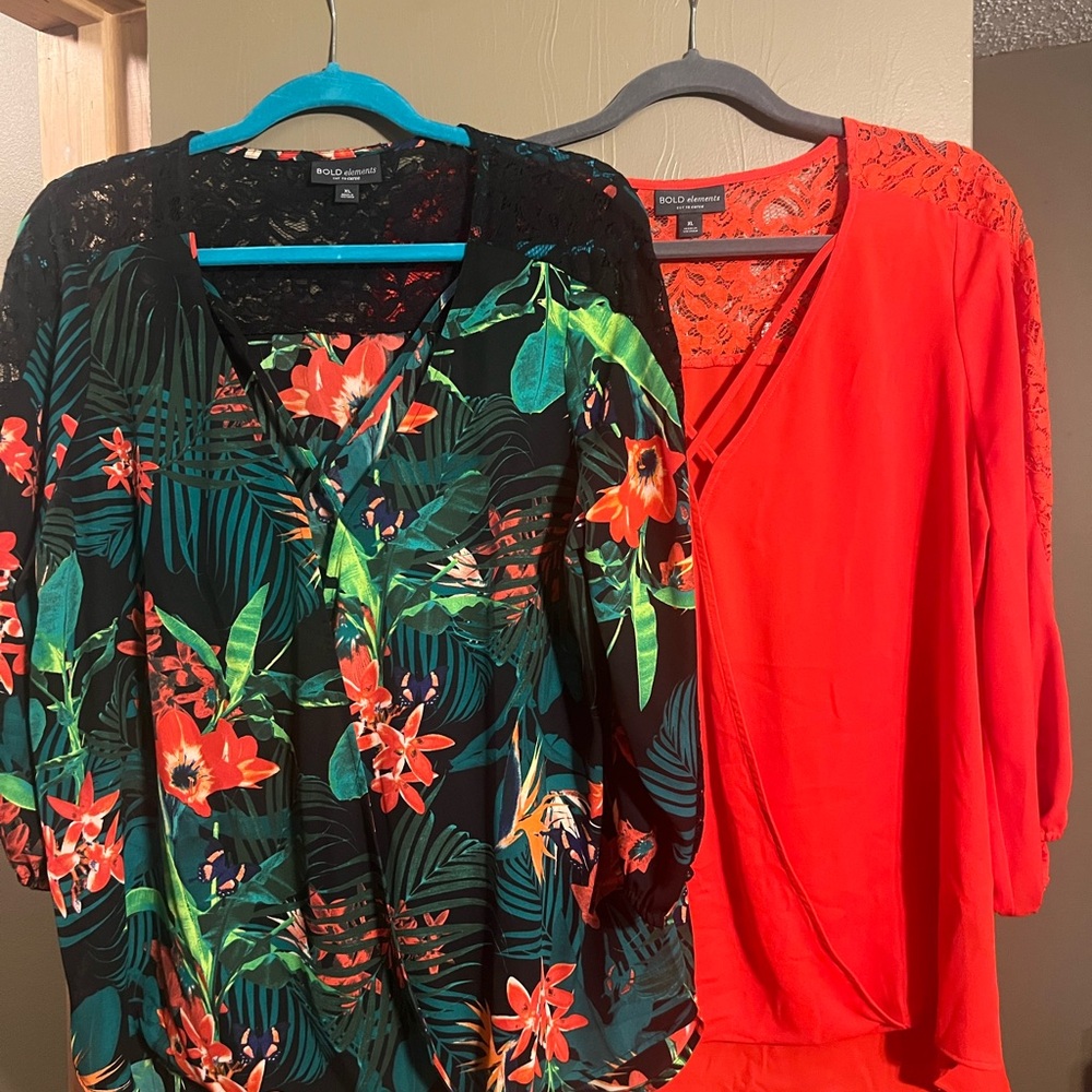 BOLD elements Black Lace Tropical/Floral and Orange Lace Blouse (set of two)